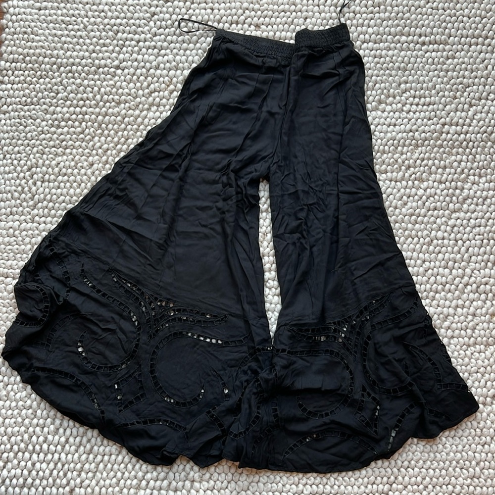 Vix Paula Hermanny Wide Leg Resort Vacation Pants tulip cutout embroidery bottom